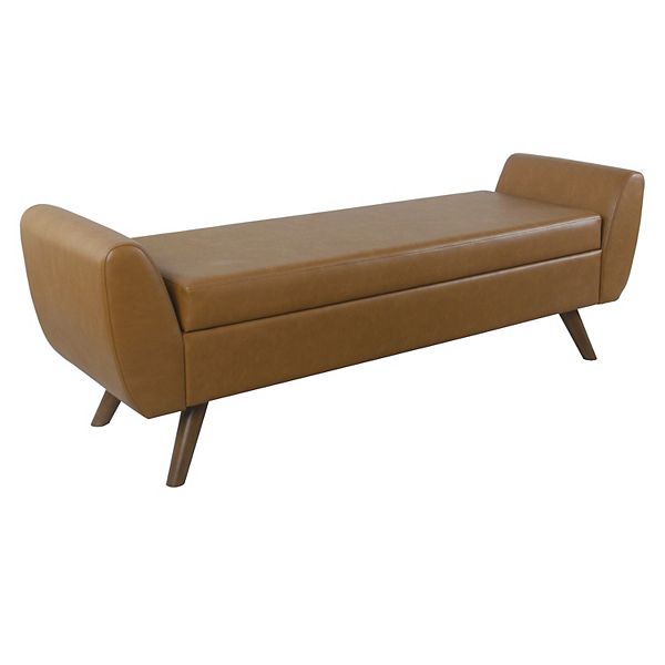 Modern Storage Bench with Wood Legs Vegan Leather Caramel - HomePop: End of Bed, Bedroom Furniture, Foam Cushioned