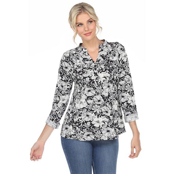 Women's White Mark Pleated Floral Print Blouse