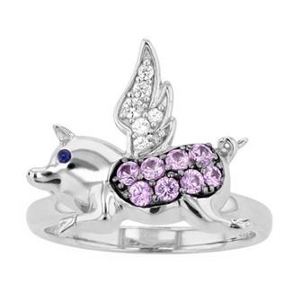 Sterling Silver Lab-Created Pink & White Sapphire Flying Pig Ring