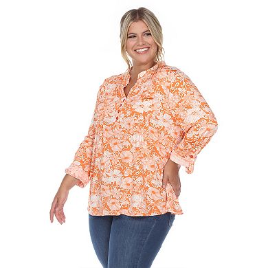 Plus Size White Mark Pleated Floral Print Blouse