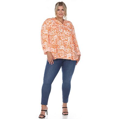 Plus Size White Mark Pleated Floral Print Blouse
