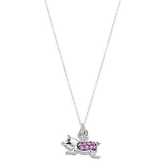 Sterling Silver Lab-Created Pink & White Sapphire Pig Pendant Necklace