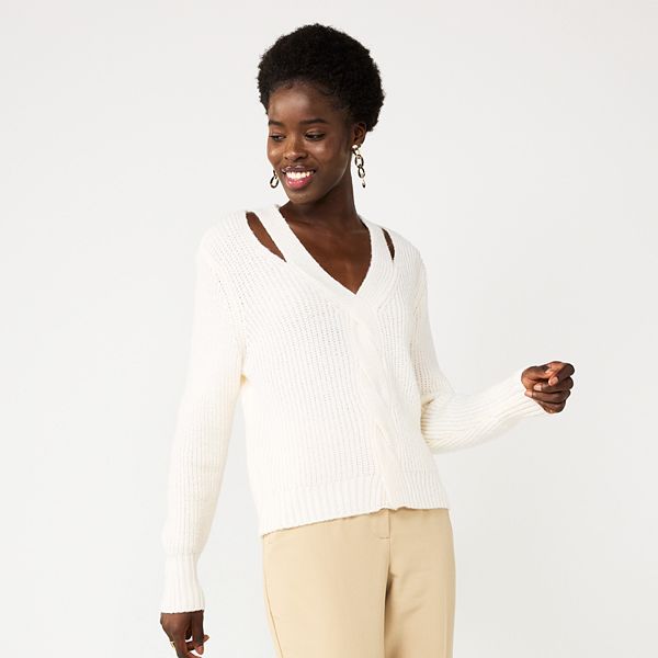 Womens Nine West Twist-Front Cutout Sweater - Ivory Tusk (MEDIUM)