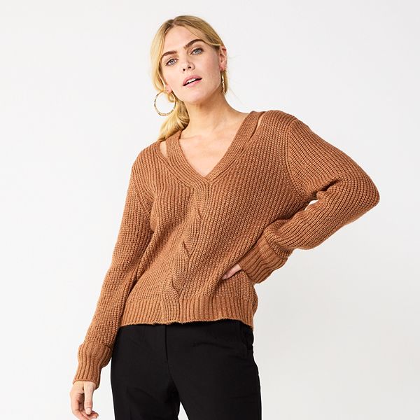 Womens Nine West Twist-Front Cutout Sweater - Mocha Frosting (LARGE)