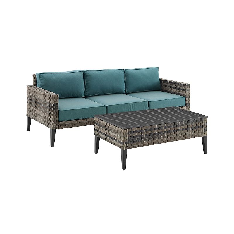 Crosley Prescott Wicker Patio Couch & Coffee Table 2-piece Set, Blue
