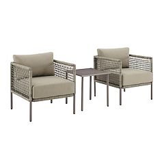 3 Pieces Patio Wicker Furniture Set with 2-Tier Side Table and Cushioned Armchairs-Natural