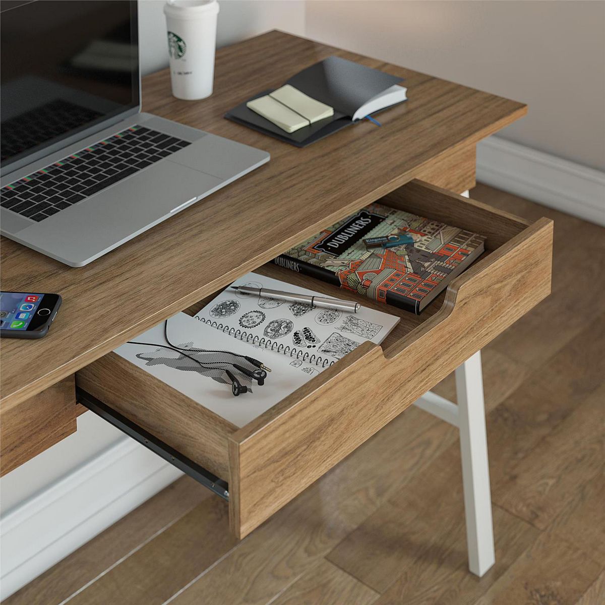 Ameriwood Home Oxford computer desk with drawer open for storage