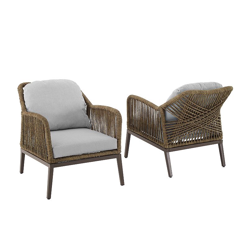 Two-piece outdoor wicker arm chair set with light gray cushions