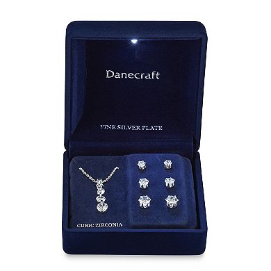 Danecraft Graduated Cubic Zirconia Necklace & 3 Pair Stud Earring Set