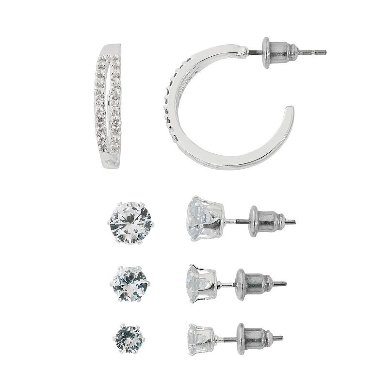Danecraft Cubic Zirconia 4 Pair Hoop & Stud Earring Set, Womens, Grey