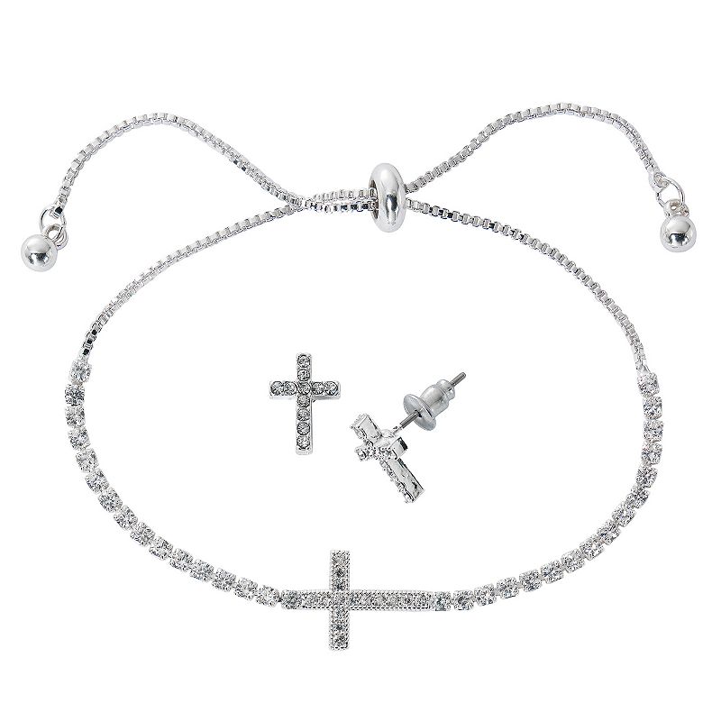 Danecraft Cubic Zirconia Cross Bracelet & Stud Earring Set, Womens, Grey