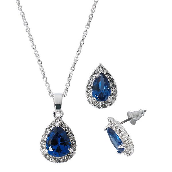Danecraft Blue Cubic Zirconia Teardrop Necklace & Stud Earring Set