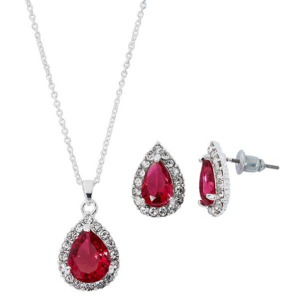Danecraft Red Cubic Zirconia Necklace & Stud Earring Set