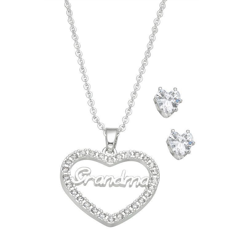 Danecraft Cubic Zirconia Grandma Heart Necklace & Stud Earring Set, Wo