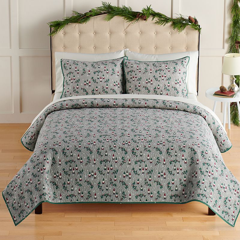 St. Nicholas Square Gnomes Printed Quilt Set with Shams, Med Grey, Twin