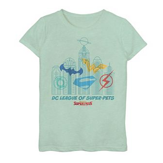 Girls 7-16 DC Super Pets Superhero Skyline Logos Tee