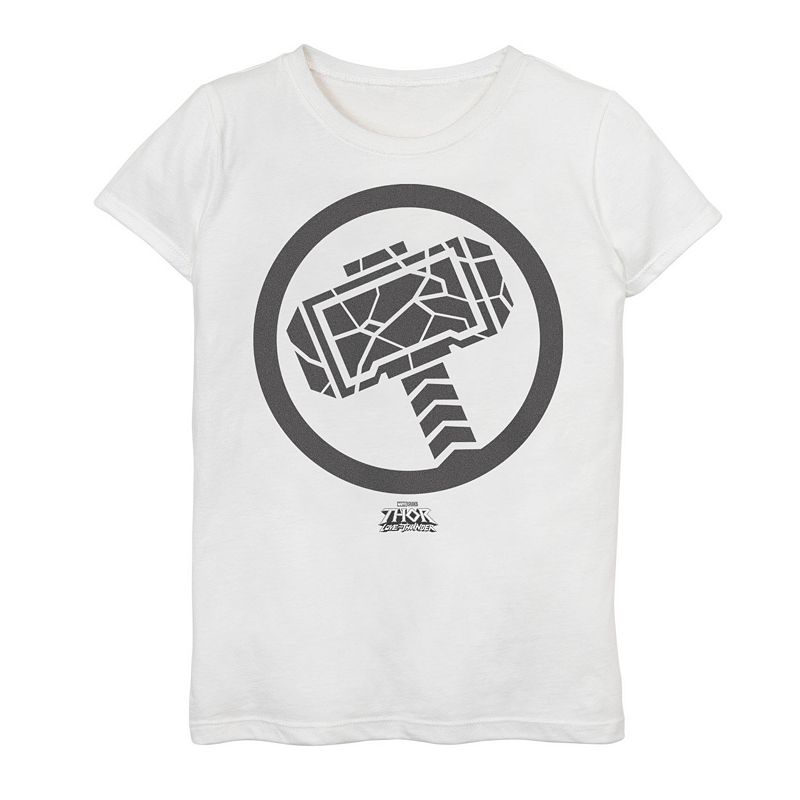 (Medium) Girls 7-16 Thor Love and Thunder Mjollnir Symbol Graphic Tee, Girl's, Size: Medium, White