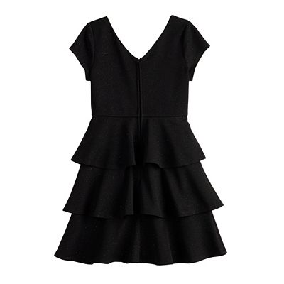 Girls 7 16 Three Pink Hearts Black Sparkle Tiered Ruffle Dress