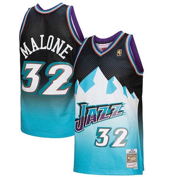 Men's Mitchell & Ness Karl Malone Black/Light Blue Utah Jazz 1996/97  Hardwood Classics Fadeaway Swingman Player Jersey