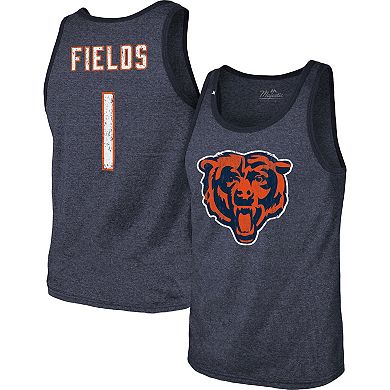 Men's Majestic Threads Justin Fields Heather Navy Chicago Bears Name & Number Tri-Blend Tank Top