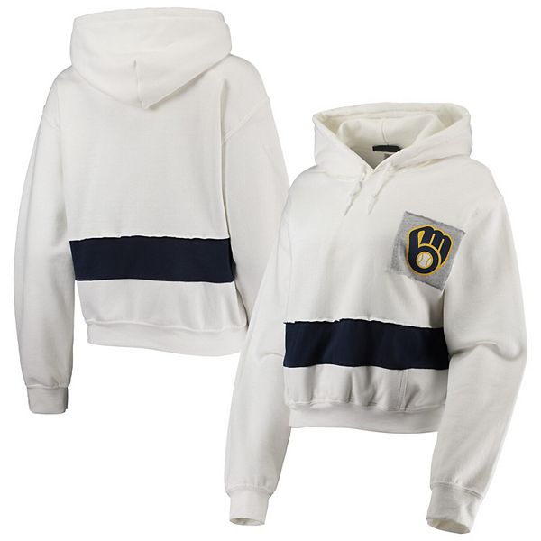 Women's Refried Apparel White/Navy Milwaukee Brewers Cropped Pullover Hoodie Size: Extra Large