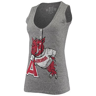 Women's Original Retro Brand Heathered Gray Arkansas Razorbacks Relaxed Henley Tri-Blend V-Neck Logo Tank Top