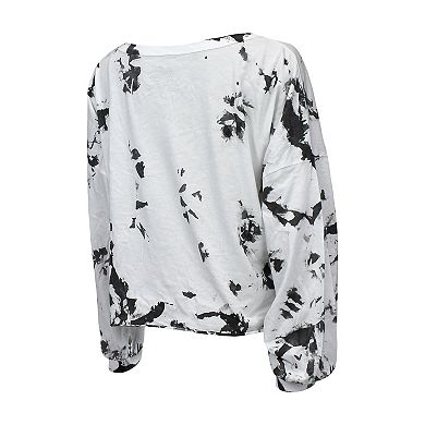 Women's Majestic Threads Black Brooklyn Nets Aquarius Tie-Dye Cropped V-Neck Long Sleeve T-Shirt