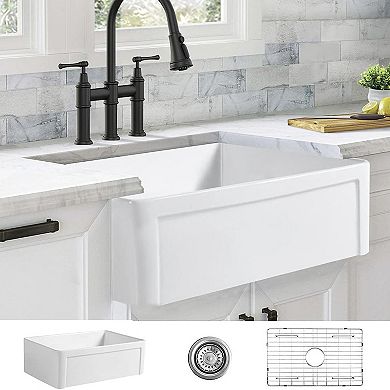 ALWEN 30 Inch Single Bowl Reversible Fireclay Farmhouse Sink, Undermount, White