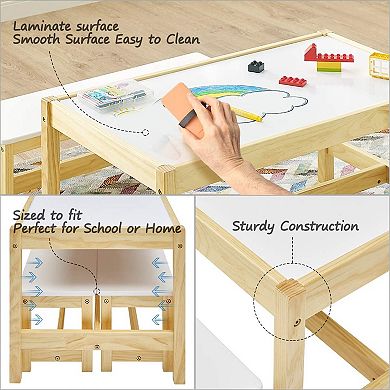 MUSEHOMEINC Wooden 3 In 1 Kids Toddlers Activity Play Table and Bench Chair Set
