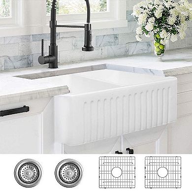 ALWEN 33" Double Basin Reversible Fireclay Farmhouse Sink Top/Undermount, White