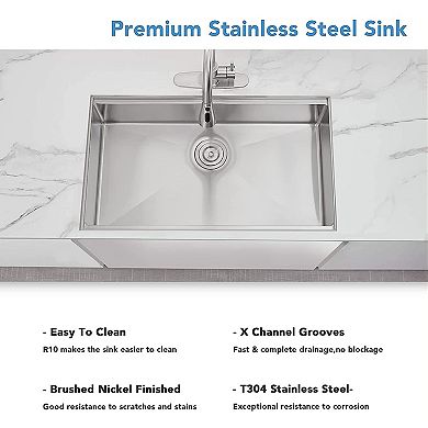 ALWEN 32" 16ga. Stainless Steel Single Basin Kitchen Sink, Undermount, Brushed