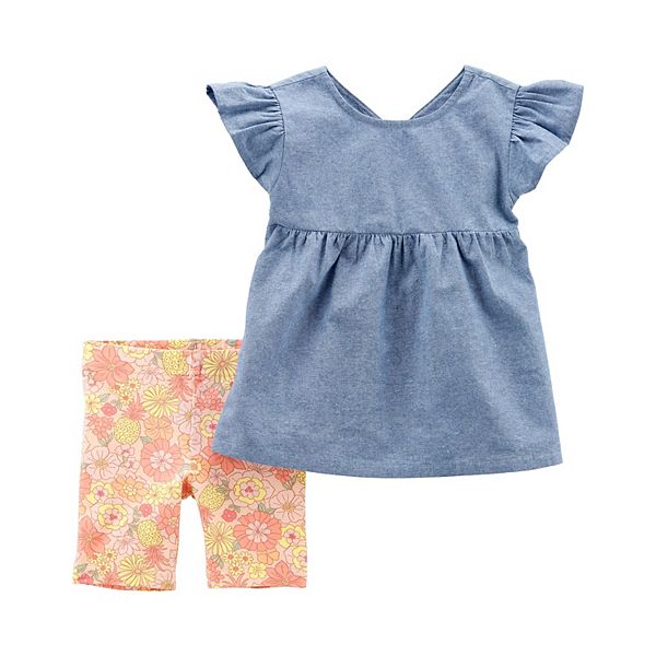 Baby & Toddler Girl Carter's 2Piece Chambray Top & Floral Bike Shorts