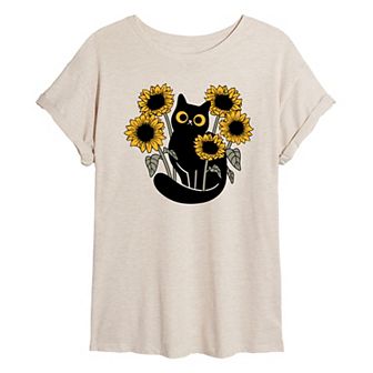 Juniors' Cat In Sunflowers Oversized Tee