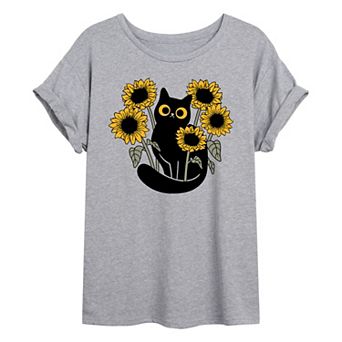 Juniors' Cat In Sunflowers Oversized Tee