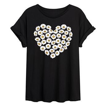 Juniors' Daisy Heart Oversized Tee