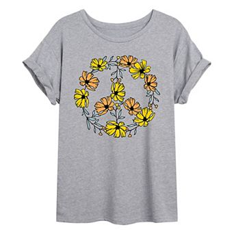 Juniors' Floral Peace Sign Oversized Tee