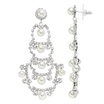Vieste Silver Tone Fancy Open Simulated Pearl and Crystal Nickel Free Drop Earrings