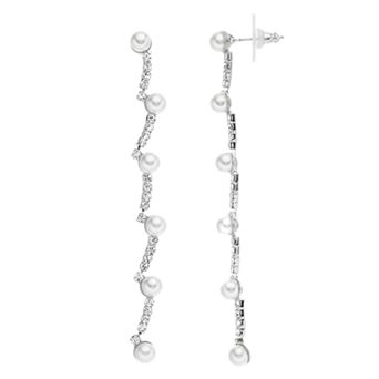 Vieste Silver Tone FIne Linear Simulated Pearl And Crystal Nickel Free Drop Post Earrings