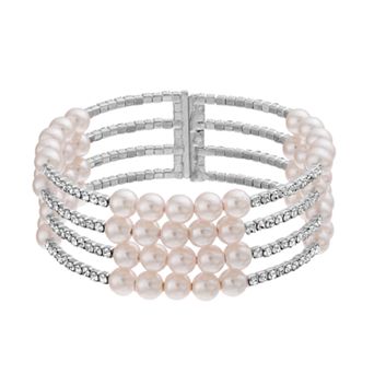 Vieste Four Row Crystal & Pearl Nickel Free Cuff Bracelet