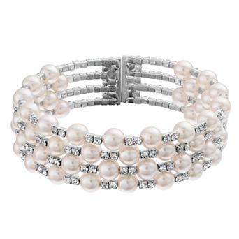 Vieste Four Row Crystal & Pearl Nickel Free Cuff Bracelet