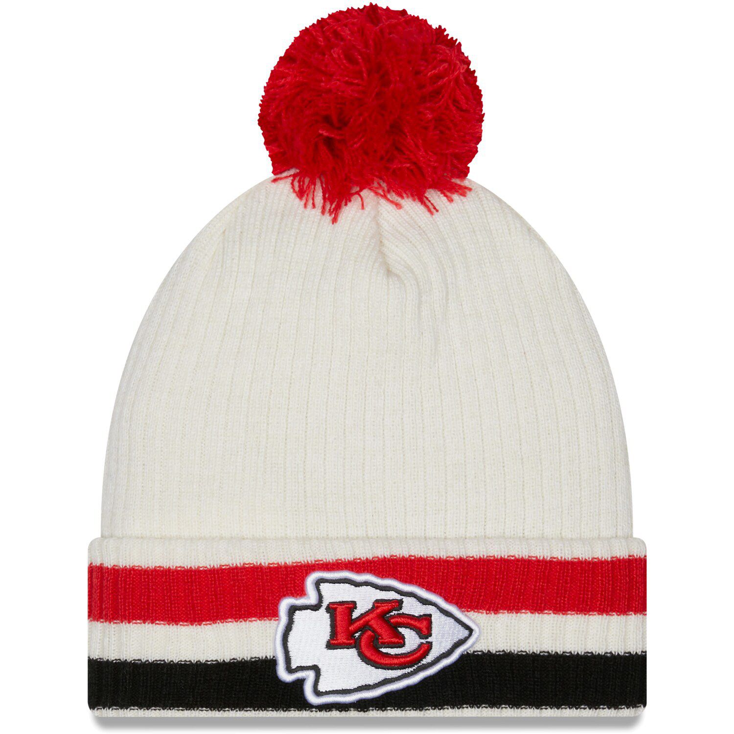 Men's Kansas City Chiefs New Era Cream/Red 2022 Sideline Sport Cuffed Pom  Knit Hat