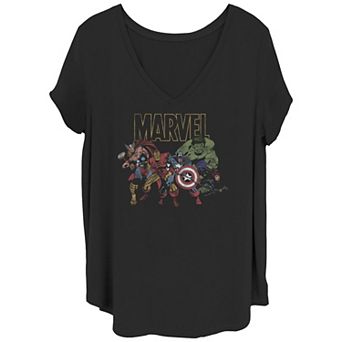 Juniors' Plus Size Marvel Avengers Group Action Pose Distressed Logo Outline Graphic Tee