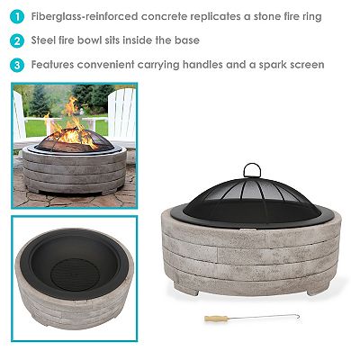 Sunnydaze 35 in Faux Stone Fire Pit with Handles and Spark Screen