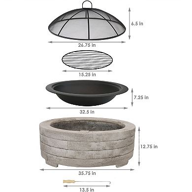 Sunnydaze 35 in Faux Stone Fire Pit with Handles and Spark Screen