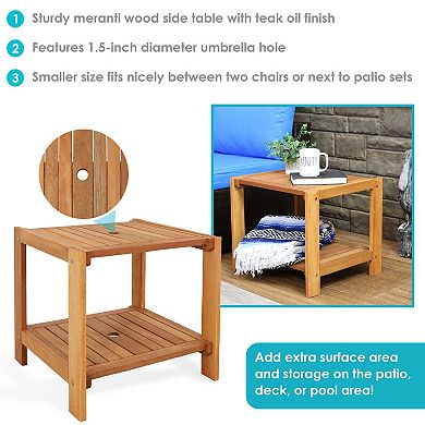Sunnydaze 20.5 in Meranti Wood Square Patio Side Table with Umbrella Hole