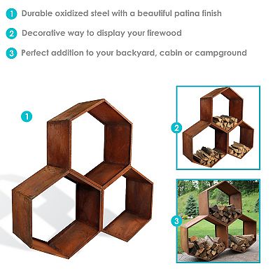 Sunnydaze 30 in Hexagon Rustic Honeycomb Firewood Log Rack - Rust