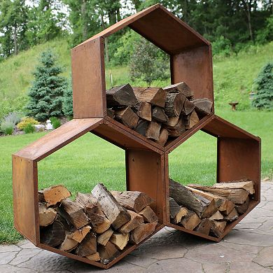 Sunnydaze 30 in Hexagon Rustic Honeycomb Firewood Log Rack - Rust