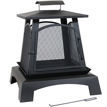 Sunnydaze 32 in Pagoda Style Steel Fire Pit with Log Grate and Poker