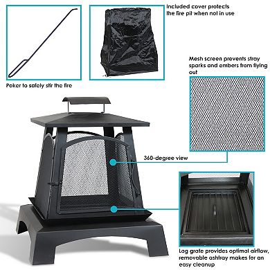 Sunnydaze 32 in Pagoda Style Steel Fire Pit with Log Grate and Poker