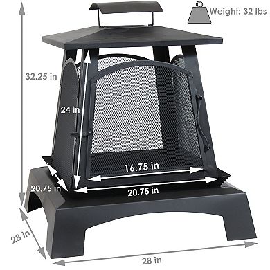 Sunnydaze 32 in Pagoda Style Steel Fire Pit with Log Grate and Poker